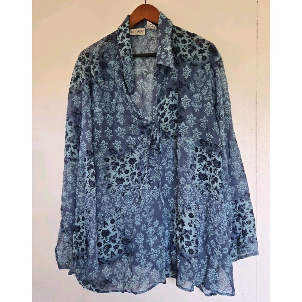White Stag Tunic Womens‎ Plus 26/28 Top Floral Blue Sheer Paisley Boho Festival